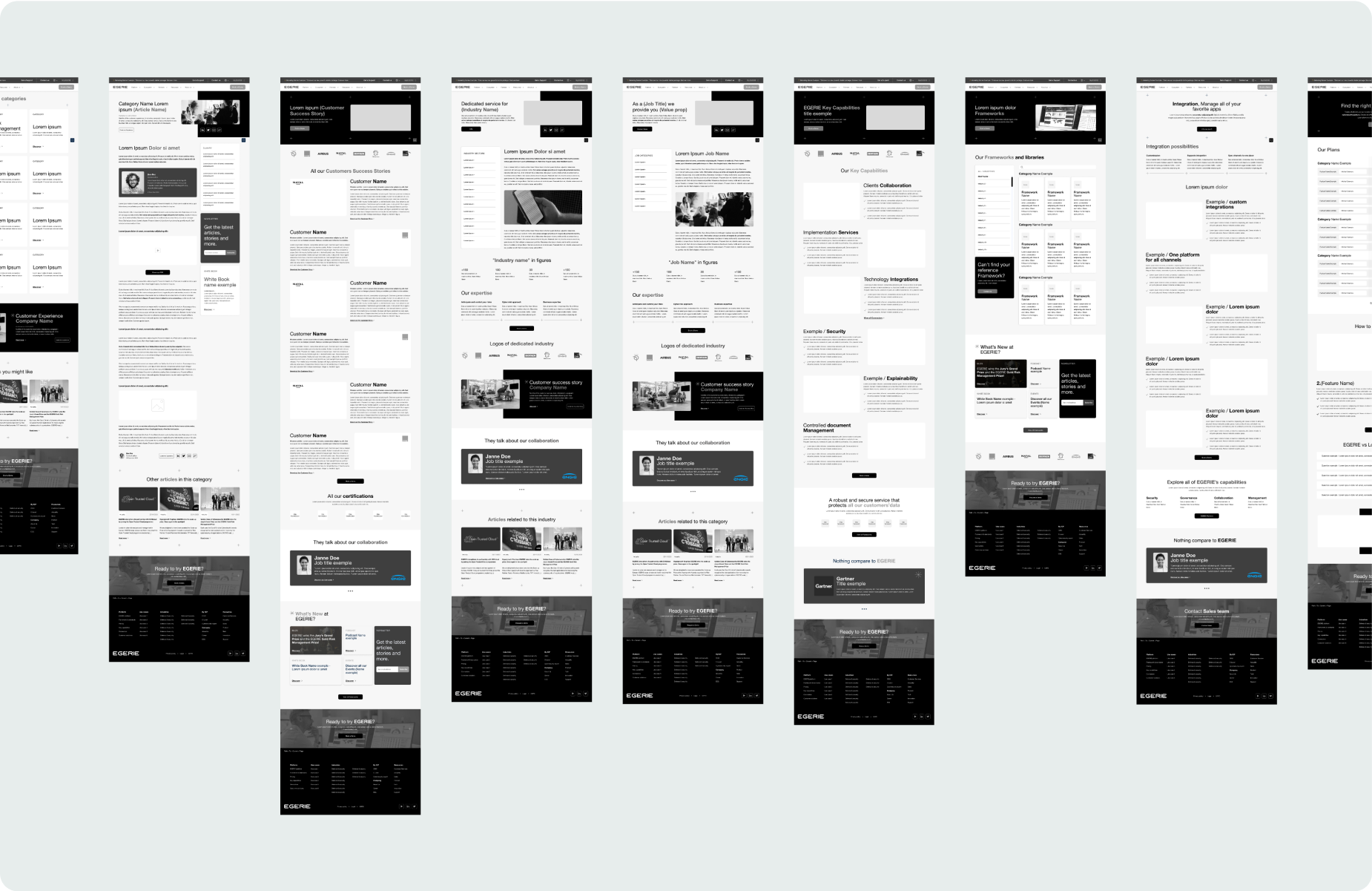 List of grescale wireframes we designed for Egerie